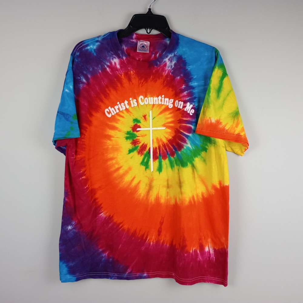 Delta‎ Mens L Multicolor Tie Dye Religious Christian Graphic Tee T-Shirt